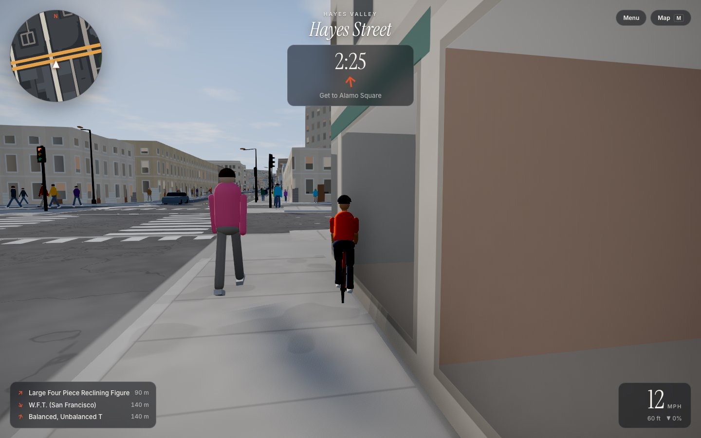 Pedestrians on a sidewalk and cars waiting at a signal on Hayes Street