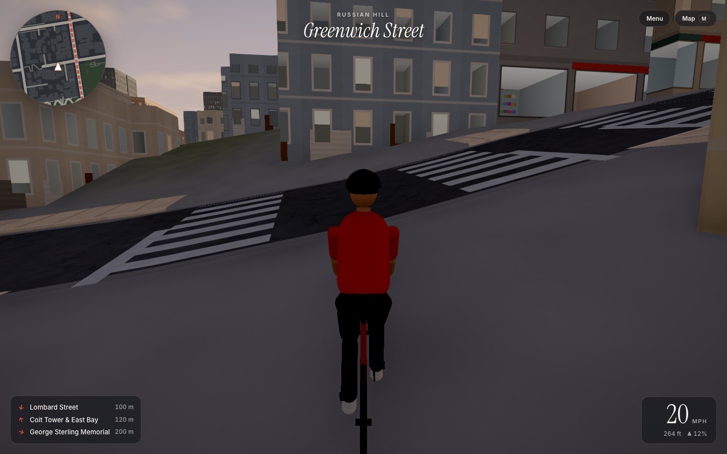 Riding a bike up a steep Russian Hill street at dusk, the in-game HUD showing the street name and grade