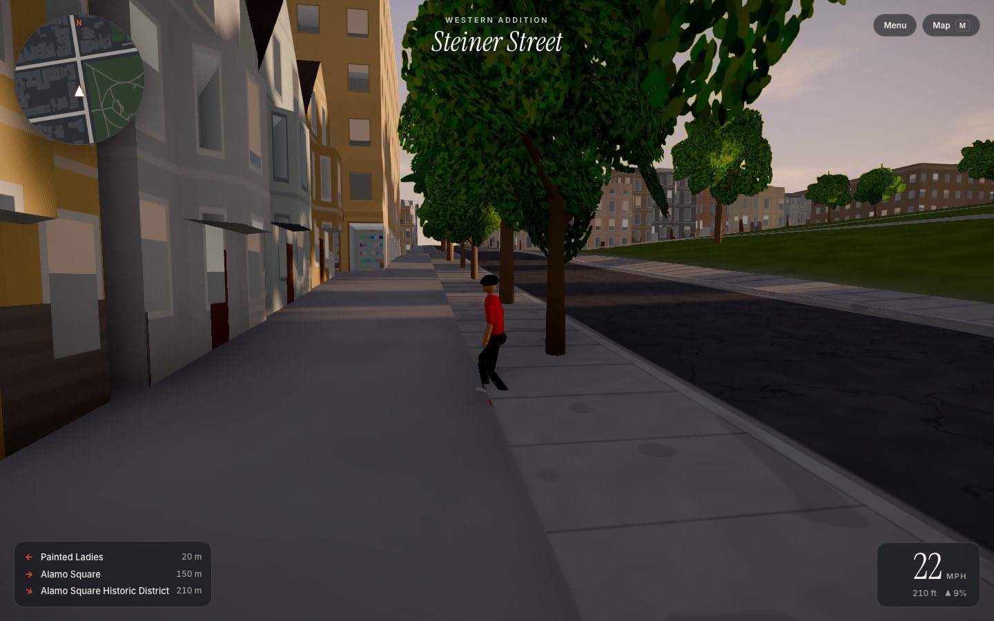 A skateboarder on the tree-lined sidewalk of Steiner Street by the Painted Ladies