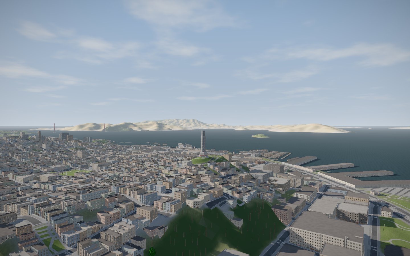 Aerial view over Telegraph Hill and North Beach towards the Bay, rendered in the game